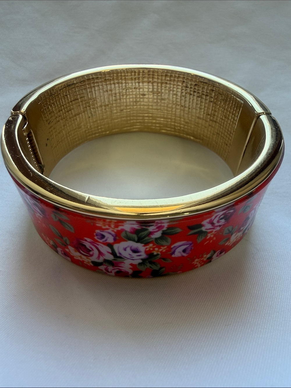 Gold-Tone Red Floral Hinged Bangle Bracelet